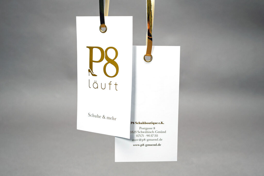 P8_Hangtags P8 Hangtags, Sonderfarbe Gold, Vorder- und Rückseite