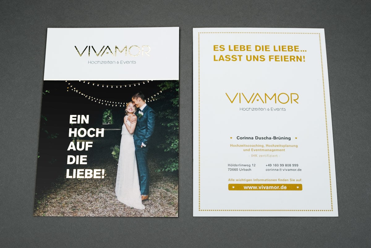 Vivamor, Postkarte, Heißfolienprägung Gold, Vorder- und Rückseite